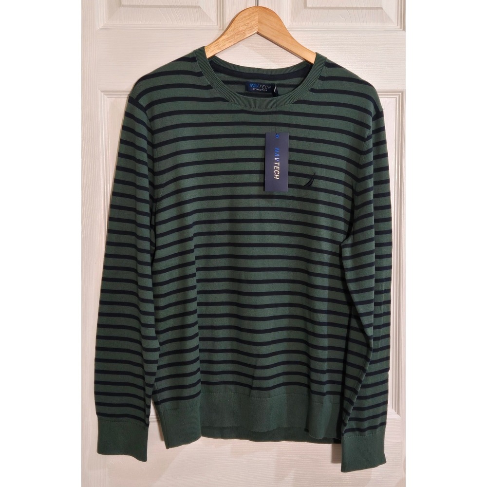 Nautica Navtech Mens Large Rainforest Green Striped Crewneck Sweater S47002